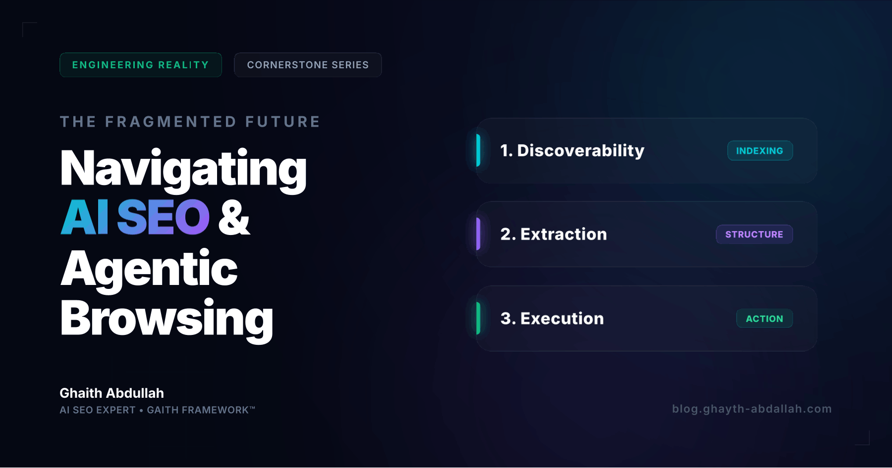 Dark-themed graphic with technical grid background. Headline: The Fragmented Future - Navigating AI SEO & Agentic Browsing. Includes three stacked diagrams labeled 1. Discoverability (Indexing), 2. Extraction (Structure), and 3. Execution (Action).